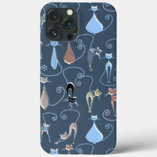 Cute Modern Elegant Funky Cats Pattern on Blue iPhone 13 Pro Max Hoesje