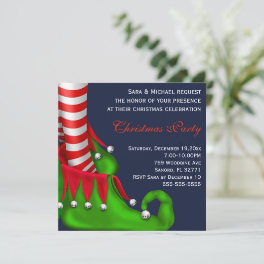 Cute Modern Elf Shoe Kerstparty Uitnodiging (Staand voorkant)