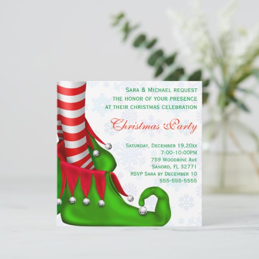 Cute Modern Elf Shoe Kerstparty Uitnodiging (Staand voorkant)