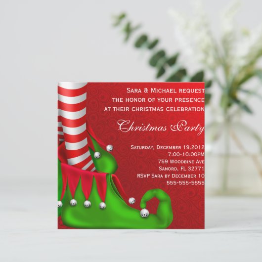 Cute Modern Elf Shoe Kerstparty Uitnodiging (Staand voorkant)