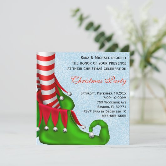 Cute Modern Elf Shoe Kerstparty Uitnodiging (Staand voorkant)