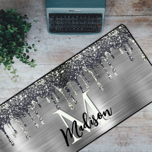 Cute modern Faux Silver Glitter Driemonogram Bureaumat
