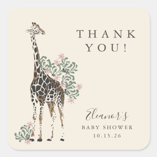 Cute Modern Floral Giraffe Simple Baby shower Vierkante Sticker (Voorkant)