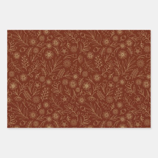 Cute Modern Floral Pattern Brown Line Art Inpakpapier Vel (Voorkant 2)