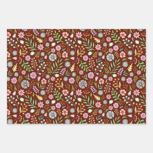 Cute Modern Floral Pattern Brown Line Art Inpakpapier Vel (Voorkant)
