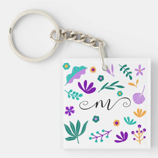 Cute Modern Flowers en Leaves Sleutelhanger (Voorkant)