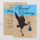 Cute Modern Funny Stork Baby Shower Uitnodiging (Voorkant / Achterkant)