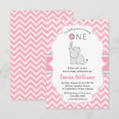 Cute Modern Girl Pink Grey Elephant 1e verjaardag Kaart (Voorkant / Achterkant)