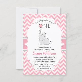 Cute Modern Girl Pink Grey Elephant 1e verjaardag Kaart