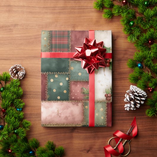 Cute Modern Gold Christmas Patchwork Pattern Cadeaupapier (Feestdagen Geschenken)