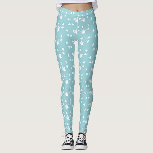 Cute Modern Grey and Mint Stylish Stars Leggings (Voorkant)