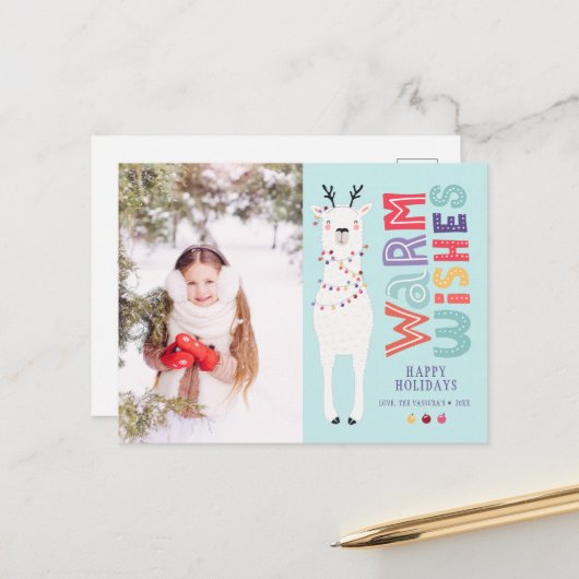 Cute Modern Kerstmis Llama String Lights Feestdagenkaart (Voorkant / Achterkant in situ)