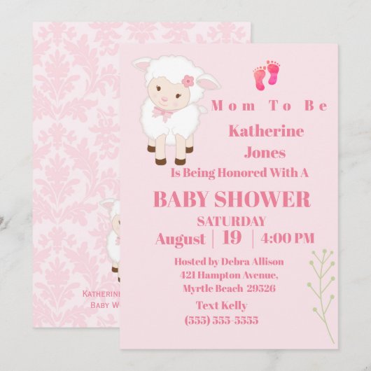 Cute Modern Lamb Baby Girl Kaart (Voorkant / Achterkant)