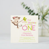 Cute Modern Monkey 1st Birthday Party Invitations Kaart (Staand voorkant)