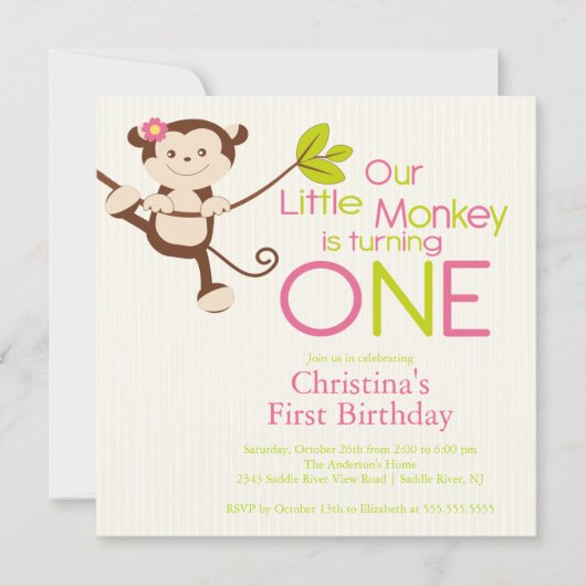 Cute Modern Monkey 1st Birthday Party Invitations Kaart (Voorkant)