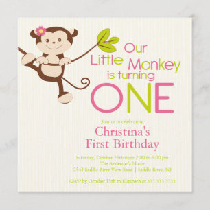 Cute Modern Monkey 1st Birthday Party Invitations Kaart