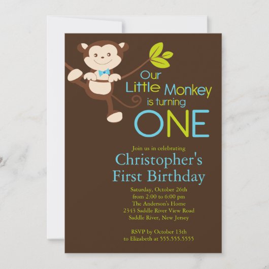 Cute Modern Monkey 1st Birthday Party Invitations Kaart (Voorkant)