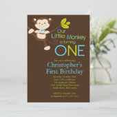 Cute Modern Monkey 1st Birthday Party Invitations Kaart (Staand voorkant)