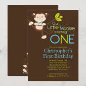 Cute Modern Monkey 1st Birthday Party Invitations Kaart (Voorkant / Achterkant)