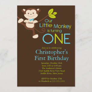 Cute Modern Monkey 1st Birthday Party Invitations Kaart
