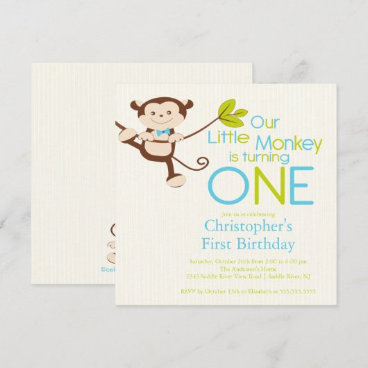 Cute Modern Monkey 1st Birthday Party Invitations Kaart (Voorkant / Achterkant)