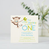 Cute Modern Monkey 1st Birthday Party Invitations Kaart (Staand voorkant)
