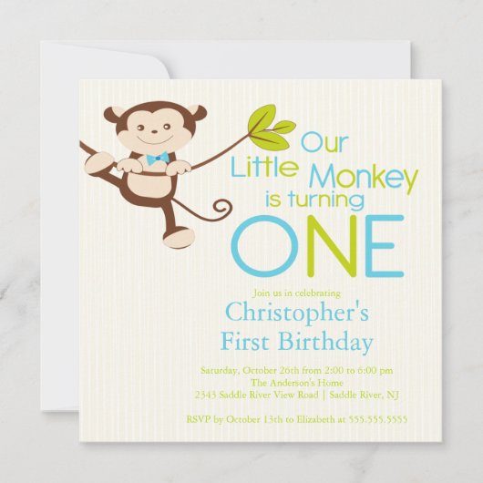 Cute Modern Monkey 1st Birthday Party Invitations Kaart (Voorkant)