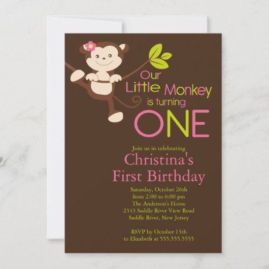 Cute Modern Monkey 1st Birthday Party Invitations Kaart (Voorkant)