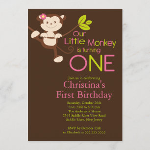 Cute Modern Monkey 1st Birthday Party Invitations Kaart