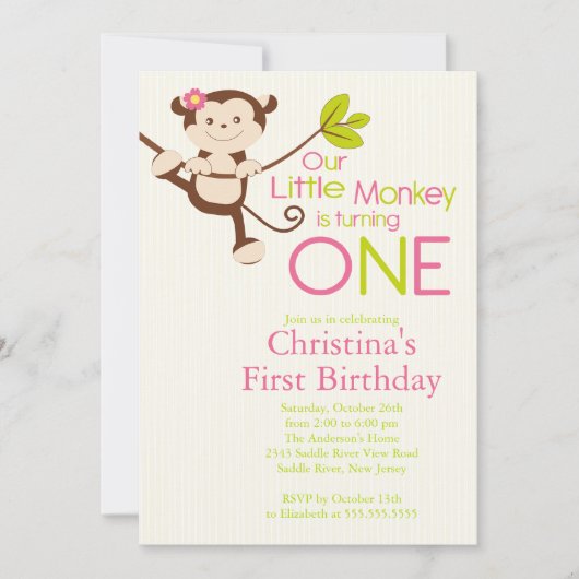 Cute Modern Monkey 1st Birthday Party Invitations Kaart (Voorkant)