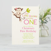 Cute Modern Monkey 1st Birthday Party Invitations Kaart (Staand voorkant)