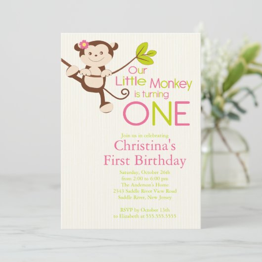Cute Modern Monkey 1st Birthday Party Invitations Kaart (Staand voorkant)