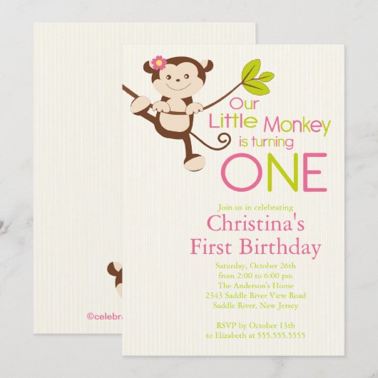 Cute Modern Monkey 1st Birthday Party Invitations Kaart (Voorkant / Achterkant)