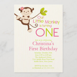 Cute Modern Monkey 1st Birthday Party Invitations Kaart