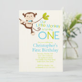 Cute Modern Monkey 1st Birthday Party Invitations Kaart (Staand voorkant)