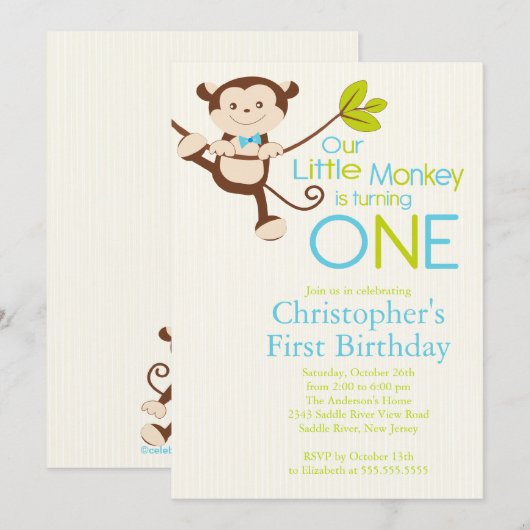 Cute Modern Monkey 1st Birthday Party Invitations Kaart (Voorkant / Achterkant)