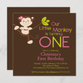 Cute Modern Monkey 1st Birthday Party Invitations Kaart (Voorkant / Achterkant)