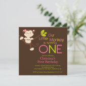 Cute Modern Monkey 1st Birthday Party Invitations Kaart (Staand voorkant)