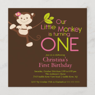 Cute Modern Monkey 1st Birthday Party Invitations Kaart