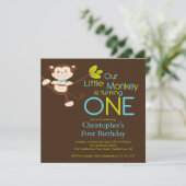 Cute Modern Monkey 1st Birthday Party Invitations Kaart (Staand voorkant)