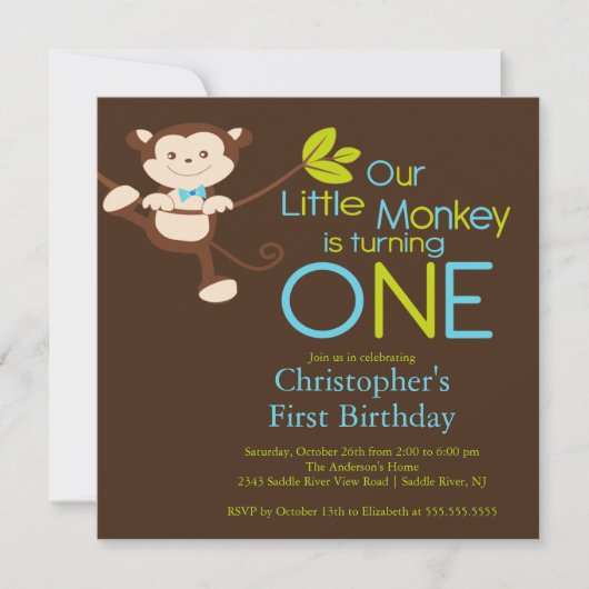Cute Modern Monkey 1st Birthday Party Invitations Kaart (Voorkant)