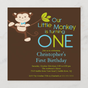Cute Modern Monkey 1st Birthday Party Invitations Kaart