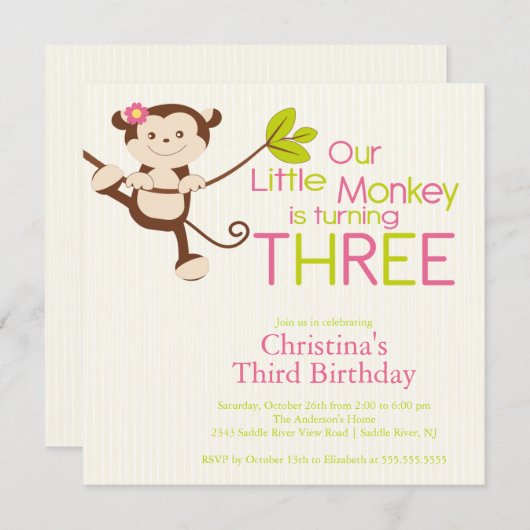 Cute Modern Monkey 3rd Birthday Party Kaart (Voorkant / Achterkant)