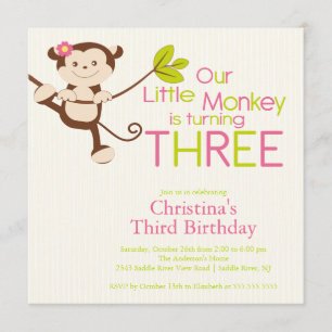 Cute Modern Monkey 3rd Birthday Party Kaart