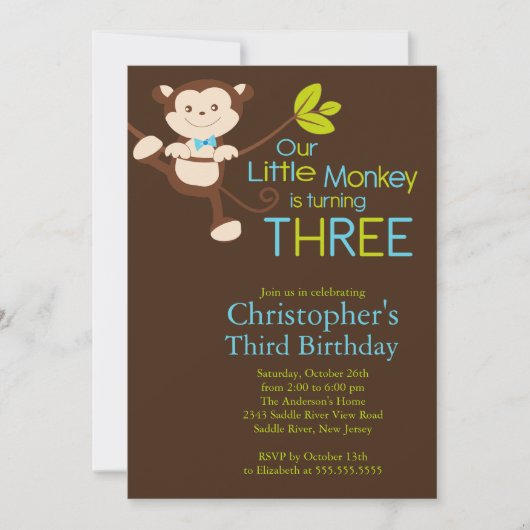 Cute Modern Monkey 3rd Birthday Party Kaart (Voorkant)