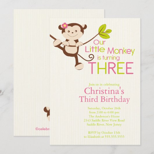 Cute Modern Monkey 3rd Birthday Party Kaart (Voorkant / Achterkant)