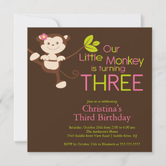 Cute Modern Monkey 3rd Birthday Party Kaart