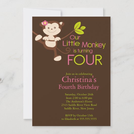 Cute Modern Monkey 4th Birthday Party Invitations Kaart (Voorkant)