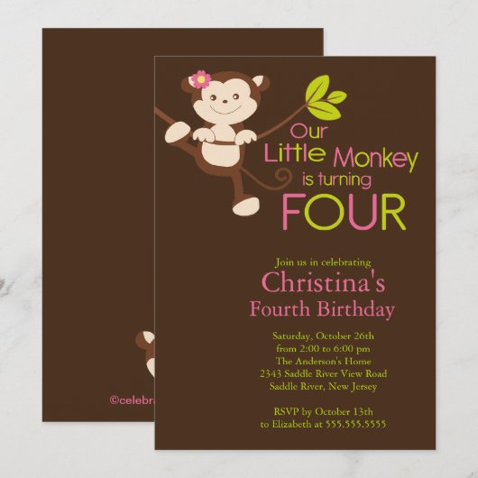 Cute Modern Monkey 4th Birthday Party Invitations Kaart (Voorkant / Achterkant)