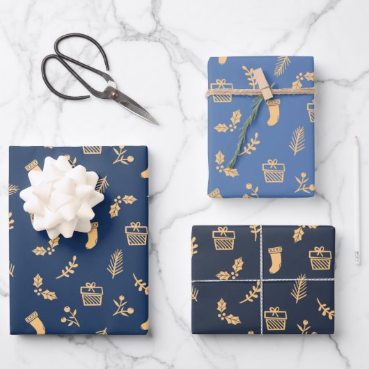 Cute Modern Navy Blue Gold-kerstfeestdag Inpakpapier Vel (Voorkant)